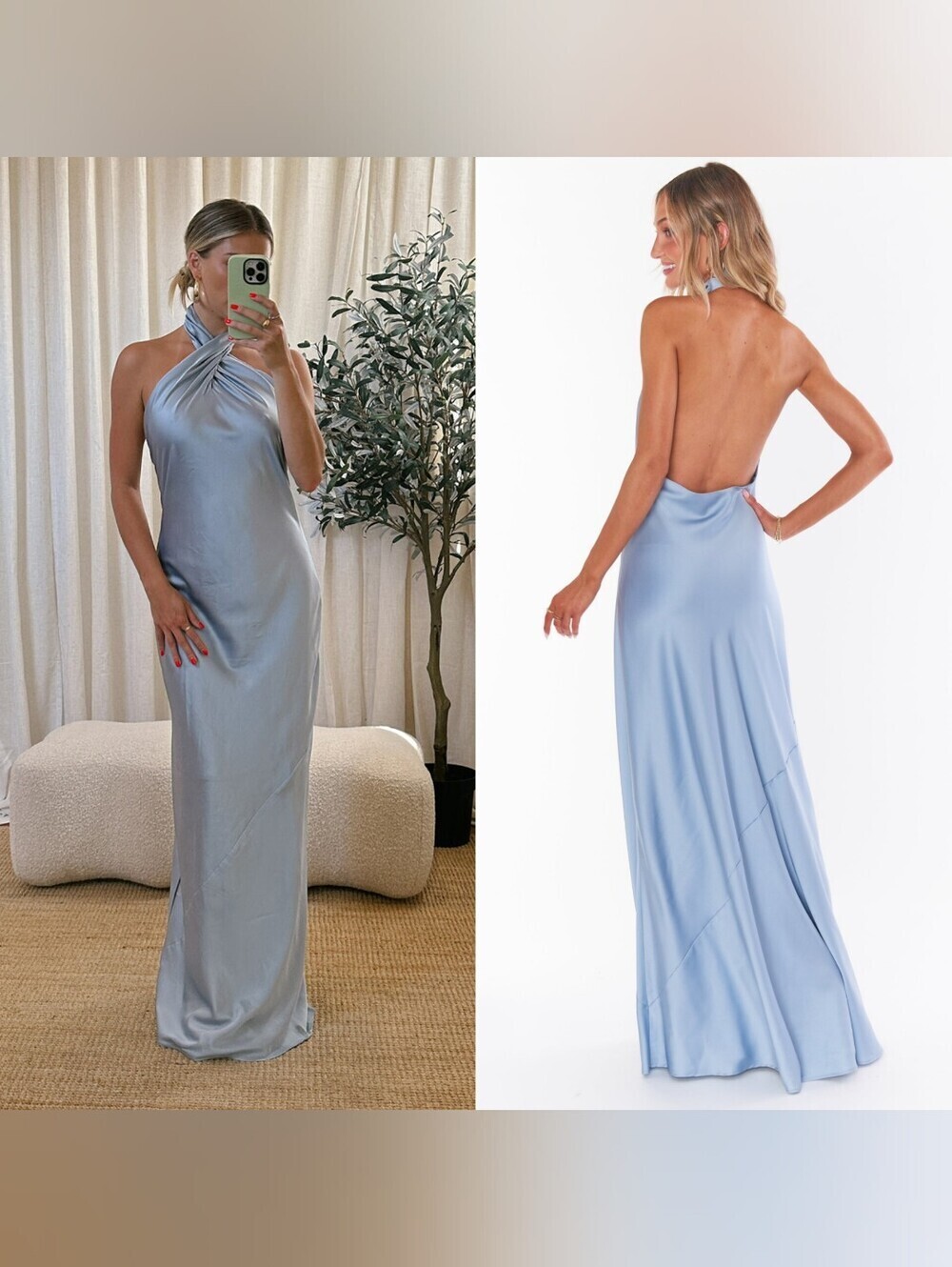Show Me Your MuMu Jasmine Halter Steel Blue Luxe Satin Maxi Dress Wedding Prom